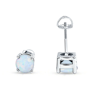 Solitaire Screw Back Stud Earring Brilliant Round Lab Created White Opal Solid 925 Sterling Silver